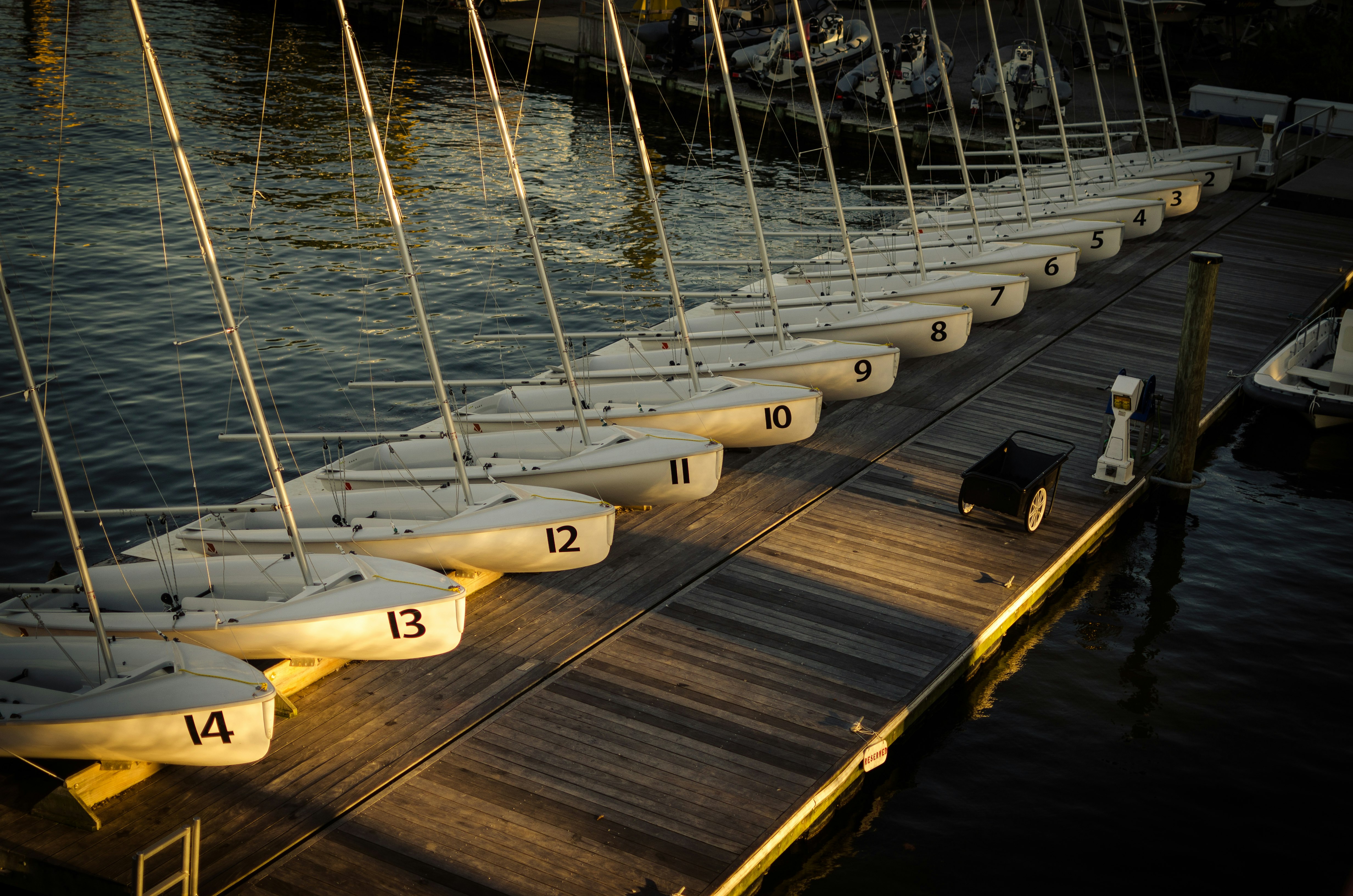 high-angle view of lined white boats on wooden bridge over body of water